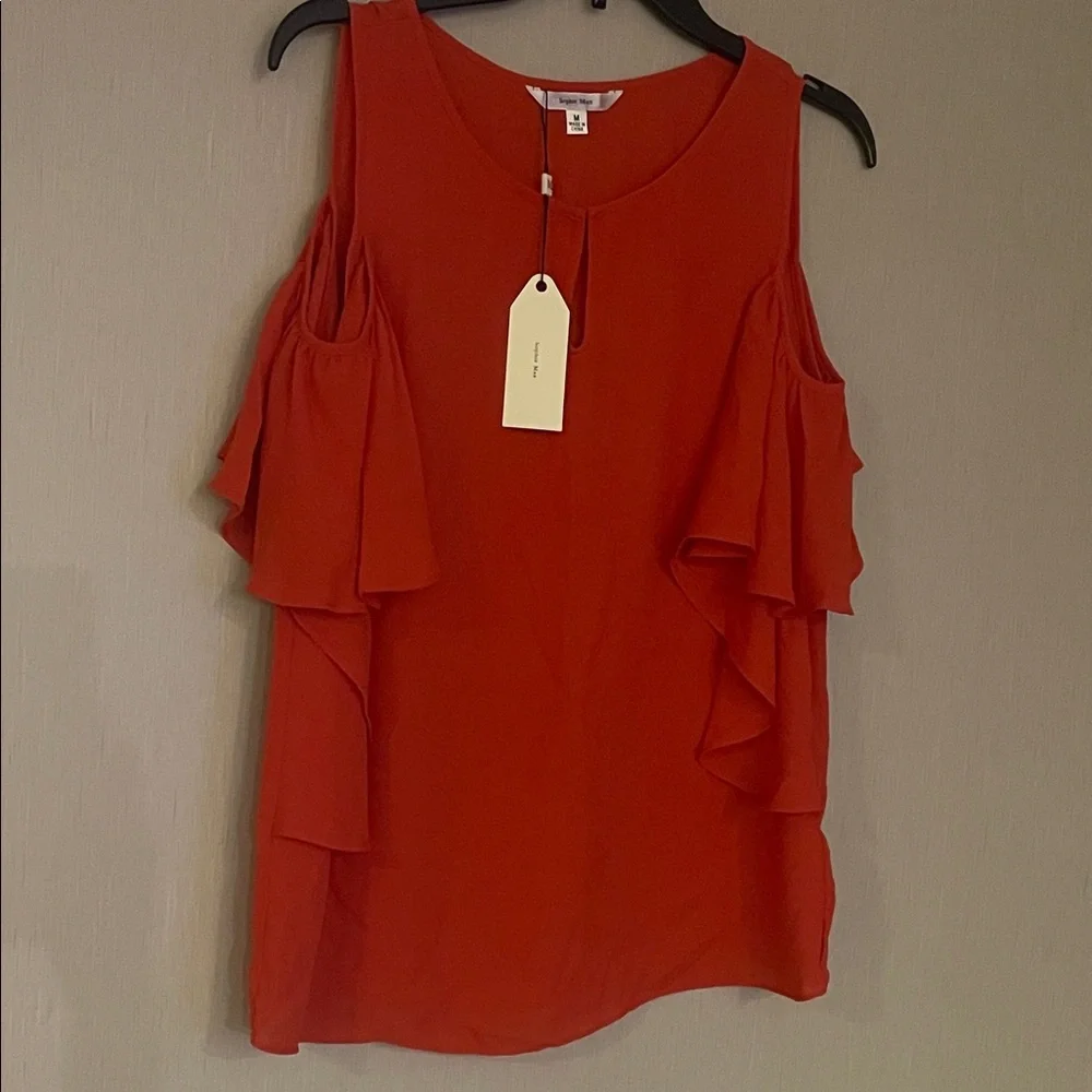 Max studio medium NWT salmon orange colored ruffle off shoulder blouse top - Picture 2 of 5